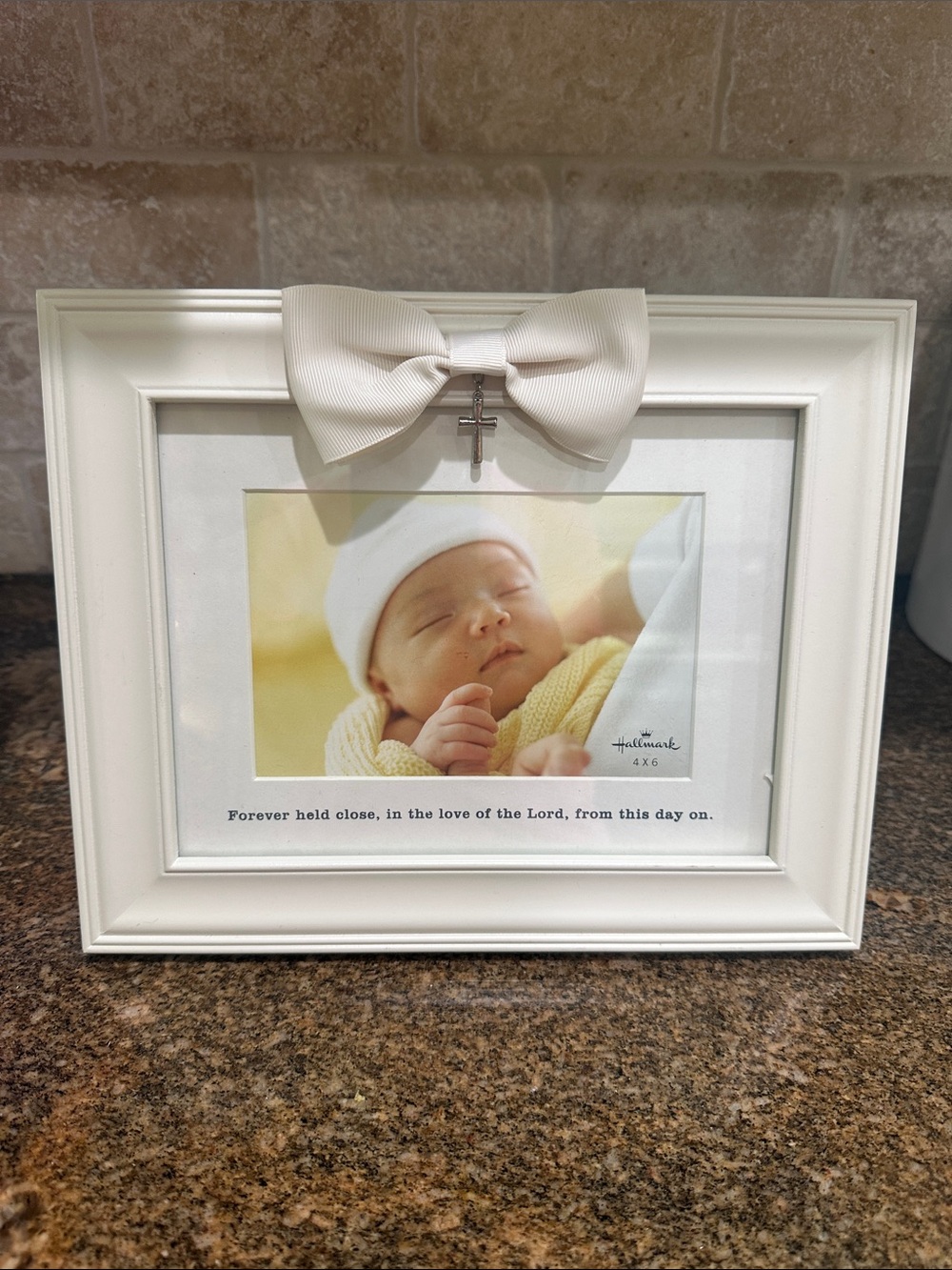 Hallmark baby baptism cream 4 x 6 frame bow and cross catholic